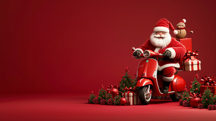 Santa Claus speeding on a red scooter.