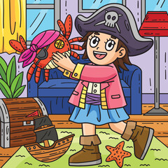 Child with a Pirate Crab Toy Colored Cartoon
