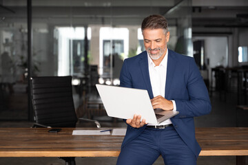 Portrait of smiling 40 mature Latin business man ceo trader using computer, typing, working in...