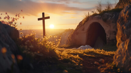 Easter Sunrise Empty Tomb, Shroud Cross Resurrection of Jesus Christ Biblical Symbolism - obrazy, fototapety, plakaty