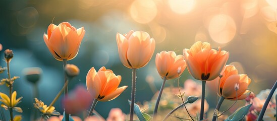 A vibrant spring scene featuring a bunch of bright orange flowers blooming against a lush green grass background.