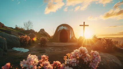 Easter Sunrise Empty Tomb, Shroud Cross Resurrection of Jesus Christ Biblical Symbolism - obrazy, fototapety, plakaty