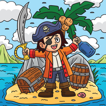 Pirate Captain on an Island Colored Cartoon