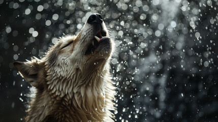 Wolf howling in a mystical rainy forest.