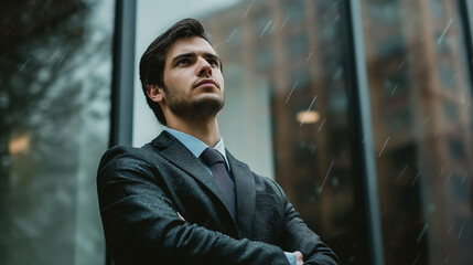 Contemplative man in suit on rainy day.