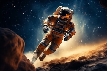 Astronaut floating in space on international day of human space flight celebration - obrazy, fototapety, plakaty