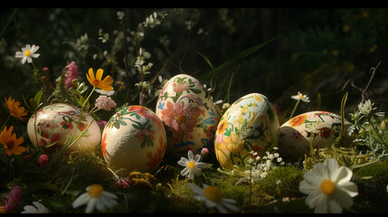 Painted Easter Eggs in Spring Still Life: Moss, Wildflowers, Soft Sunlight
