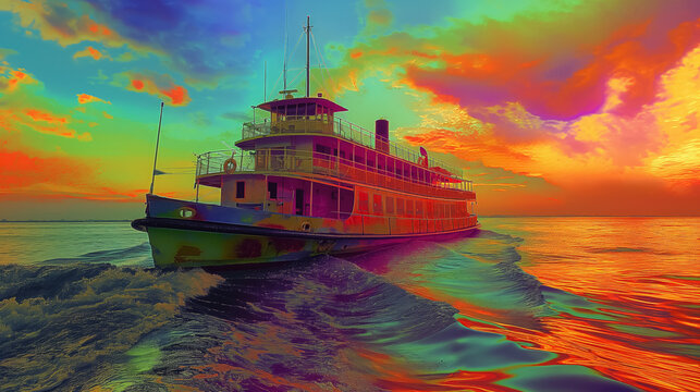 Colorful paddleboat under a vibrant sunset.
