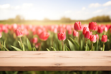 Empty wooden table top with blur background of tulips flowers. Mother's day, independence woman's day .