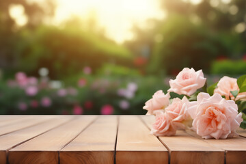 Empty wooden table top with blur background of rose flowers.