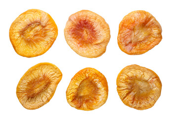 Set of dried peaches on a white. Top view