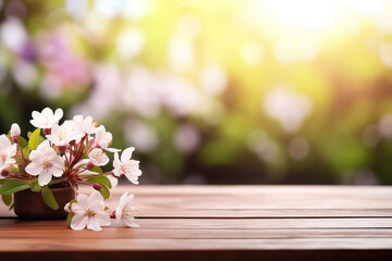 Empty wooden table top with blur background of spring flowers. Mother's day, independence woman's day.