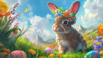 easter bunny with easter eggs Playful Springtime Fun in a Vibrant Meadow with Colorful Eggs