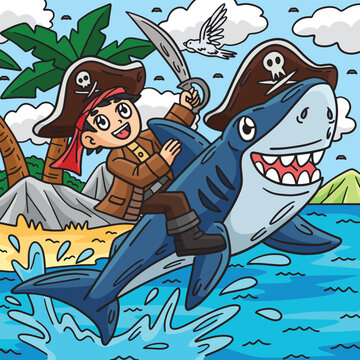 Pirate and Shark Colored Cartoon Illustration