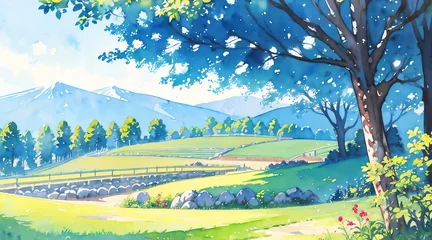 Gordijnen 水彩画背景_日本の田舎の景色_04 © Camellia Studio	