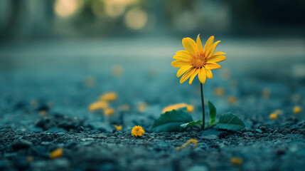 Solitary flower growing on rocky ground. - obrazy, fototapety, plakaty