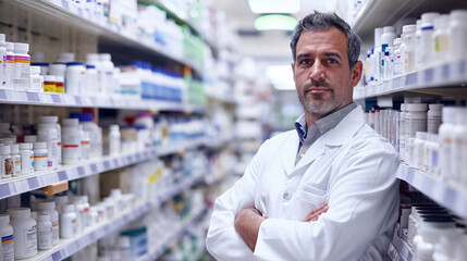 Fototapeta na wymiar Pharmacist with confident stance in pharmacy.