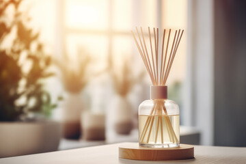 A scent diffuser bottle with flowers. Home fragrance in the form of aromatic perfume. Beige color...