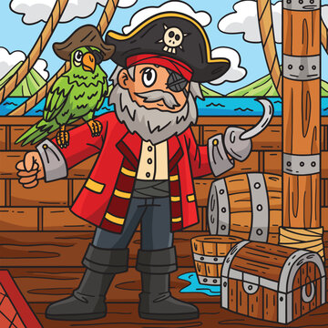Pirate Captain with Parrot Colored Cartoon 