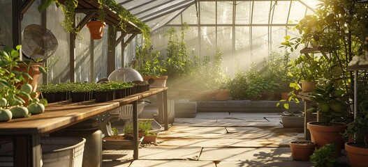 Illuminated botanical haven: female nurtures plants, soil, and roots in bright, sunlit greenhouse with shelves displaying various greenery Generated by AI