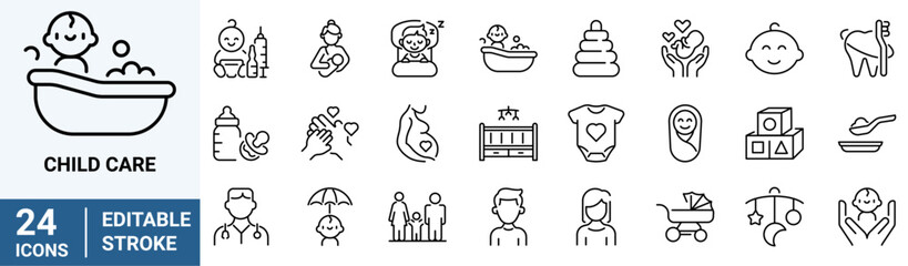 Child care line web icons. international children day, kid rights, parenthood. Outline icon collection. Editable stroke. Vector illustration - obrazy, fototapety, plakaty