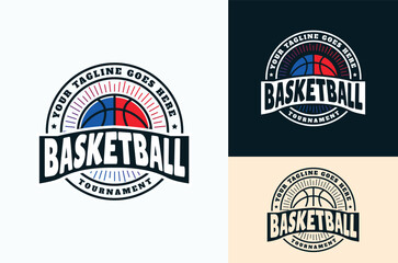 American Sport Basketball Vintage Retro Club Emblem. Basketball with red and blue reflections, tournament, design template