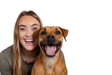 Portrait of beautiful Veterinarian women hugging cute dog with smile and hppiness isolated on background, lovely moment of pet and owner.