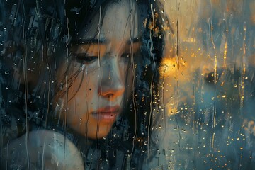 Lonely girl gazes through rainkissed window her melancholy hidden from the world. Concept Sadness, Loneliness, Rainy Day, Reflection, Emotions