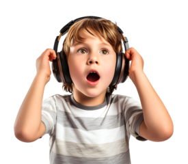 Shocking Little Boy in Headphones close-up, isolated on a white background, modern music concept, realistic design illustration, generative ai