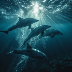 Naklejka premium An underwater photograph of a playful pod of dolphins swimming gracefully, capturing the dynamic and joyful nature of marine life