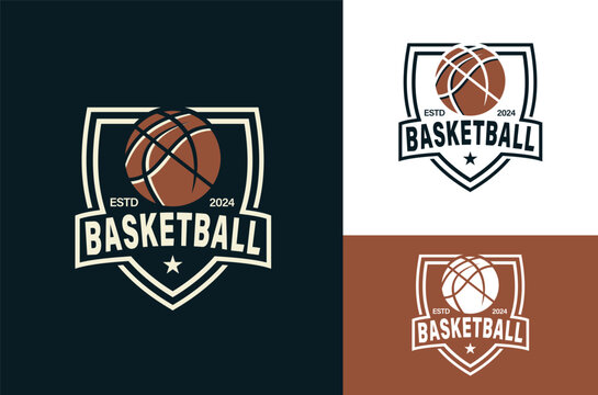 Retro vintage American Sports Shield Basketball club logo, basketball club. Tournament basketball club emblem, design template with multiple dark and light backgrounds
