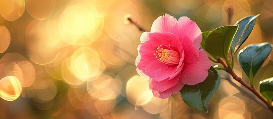 Obraz premium A Camellia sasanqua flower, featuring pink petals and a vibrant yellow center, illuminated by the morning light, rests on a branch.
