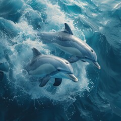 An underwater photograph of a playful pod of dolphins swimming gracefully, capturing the dynamic and joyful nature of marine life