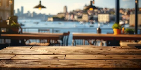 Empty wooden table with blurred dock background perfect for displaying travel and seaside products...
