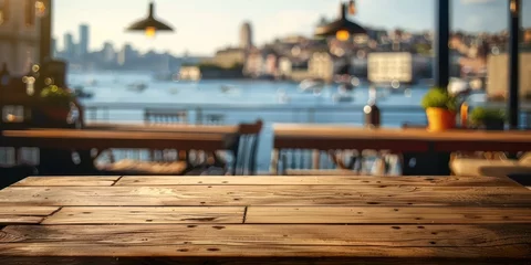 Zelfklevend Fotobehang Empty wooden table with blurred dock background perfect for displaying travel and seaside products summer with scenic ocean view embodying beauty and tranquility of tropical beach landscape © Bussakon