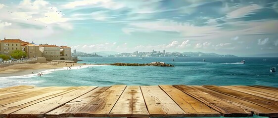 Empty wooden table with blurred dock background perfect for displaying travel and seaside products summer with scenic ocean view embodying beauty and tranquility of tropical beach landscape
