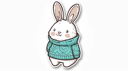 Cute illustration of a happy white bunny in a detailed turquoise sweater