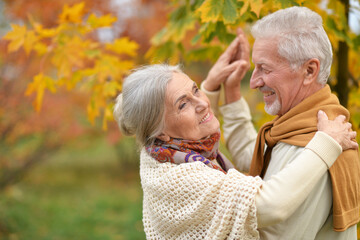 Elderly couple dancing in the autumn park
