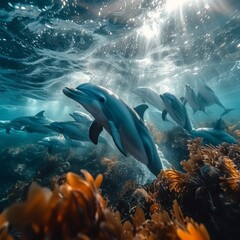 Naklejka premium An underwater photograph of a playful pod of dolphins swimming gracefully, capturing the dynamic and joyful nature of marine life
