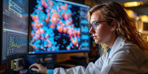 Professional businesswoman analyzing financial markets on computer screen technology scene of modern office showcasing in finance and investment focusing on market trends data charts and stock