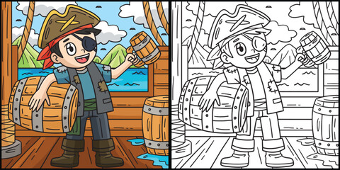 Pirate with a Barrel of Rum Coloring Illustration