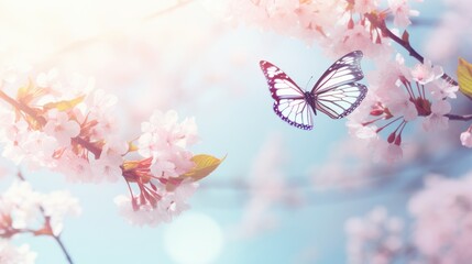 A beautiful butterfly flies in a blooming spring apple orchard against the background of a blue sunny sky.