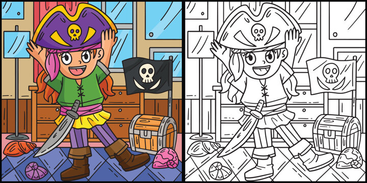 Girl Putting on a Pirate Hat Coloring Illustration