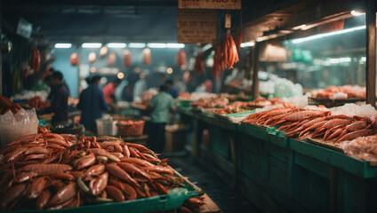 Explore vibrant Asian seafood market, haven seafood enthusiasts. Amidst bustle, sellers present variety fresh catches while shoppers immerse themselves in sights, sounds of this bustling marketplace - obrazy, fototapety, plakaty