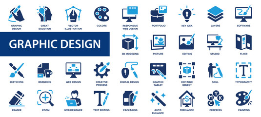 Graphic design flat icons set. Design, creativity, draw, stationary, illustration, portfolio, software, website icons and more signs. Flat icon collection.