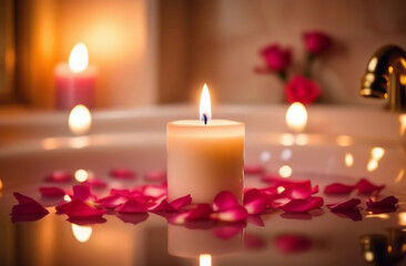 Obraz na płótnie Canvas Rose petals and candles in the bathtub. Valentines day concept. Scented burning candlelight. Beauty water therapy spa wellness. Romantic bath health care relaxation. Luxury bathroom idea for couple.