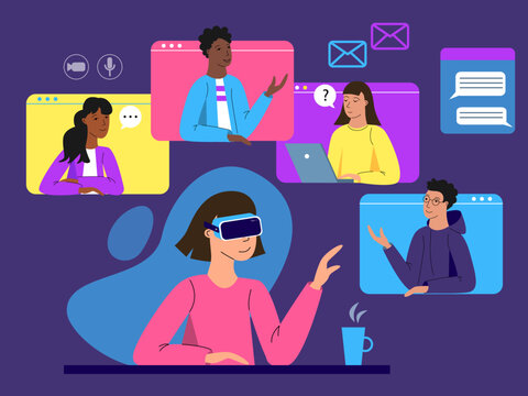 Woman in virtual reality headset having online video call, meeting with her colleagues. Flat vector illustration of people using VR technology	
on dark background.