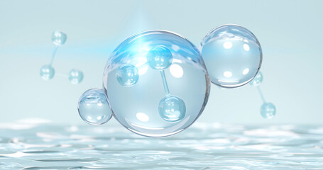 Molecule inside Liquid Bubble on water background. skin care cosmetics solution, 3d illustration.