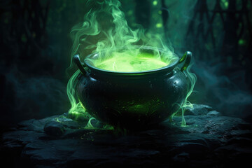 Bubbling iron witch cauldron with green smoke