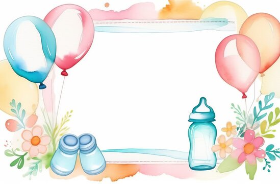 Baby born frame with draw flowers, bow, baby bottle and booties. Watercolor pastel frame mockup, blank border for pregnancy announcement design, name sign, childbirth art presentation template. Blank